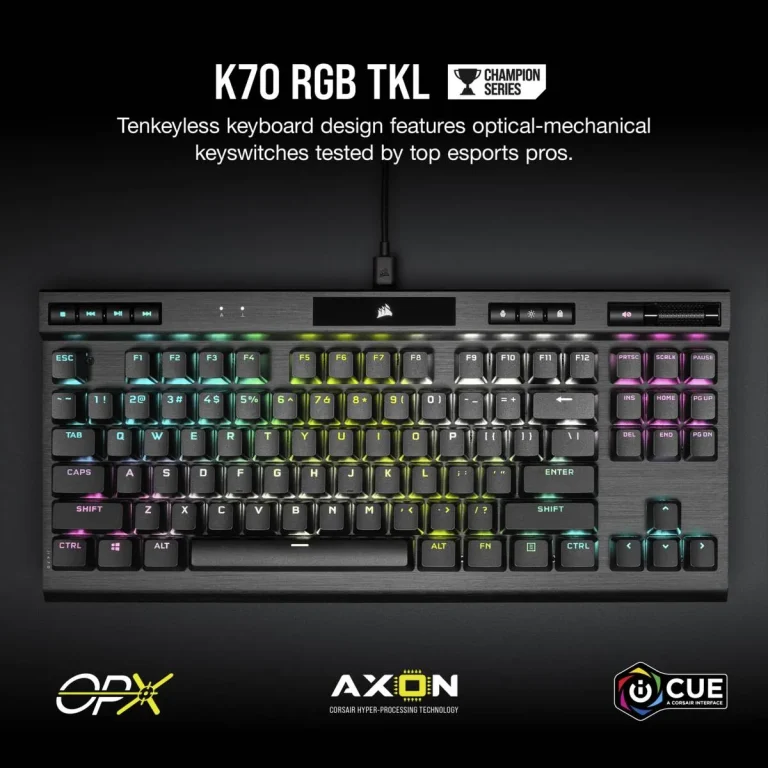 Corsair K70 RGB TKL Optical-Mechanical Gaming Keyboard; Backlit RGB LED; CORSAIR OPX Keyswitches; Black - Corsair  K70 TKL Champion serijos klaviat?ra (CH-911901A-NA), Tenkeyless (80 - 87%), Opto-mechanical key switch, RGB LED