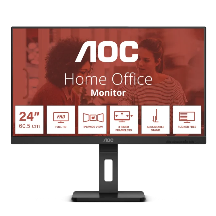 AOC 24E3QAF Professional Monitor|23.8 inch|IPS FHD 1920x1080 75hz|HDMI DP|VGA|Flicker Free|Speakers|Height Adjustable Stand - AOC E3 24E3QAF, 60.5 cm (23.8"), 1920 x 1080 pixels, Full HD, LCD, 4 ms, Black