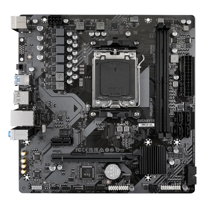 GIGABYTE AMD A620 Chipset for AMD AM5; 2x Dual DDR5; 1x M2; HDMI; DP; mATX. - GIGABYTE A620M H Motherboard - Supports AMD Ryzen 8000 CPUs, 5+2+2 Phases Digital VRM, up to 7200MHz DDR5 (OC), 1xPCIe 4.0 M.2, GbE LAN, USB 3.2 Gen 1, AMD, Socket AM5, AMD Ryzen 7000 Series, Socket AM5, 96 GB, DDR5-SDRAM