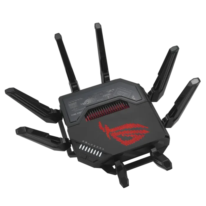 ASUS ROUTER/Gaming/WiFi7/1032+2882+5764Mbps/2.4GHz3x3/5GHz2x2/6GHz2x2/1xWAN(10G)/1xWAN(2.5G)/3xLAN/1xUSB/AiMesh/AiProtection/VPN - ASUS ROG Rapture GT-BE98, Wi-Fi 7 (802.11be), Quad-band (2.4 GHz / 5 GHz-1 / 5 GHz-2 / 6 GHz), Ethernet LAN, Black, Tabletop router