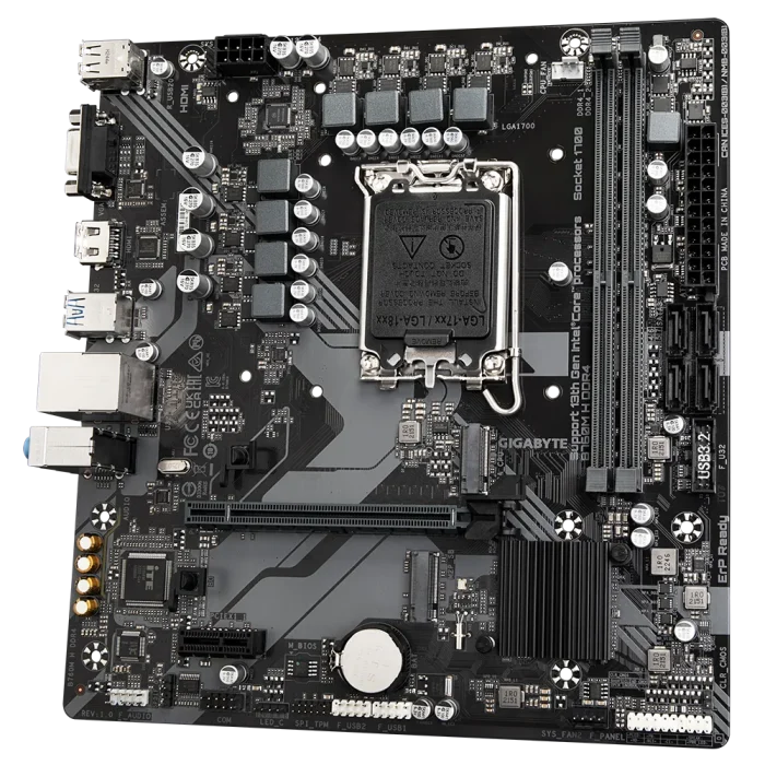 GIGABYTE Motherboard Intel® B760 Chipset for LGA 1700; 2x DDR4; 2x M2; VGA/HDMI; mATX. - GIGABYTE B760M H DDR4 Motherboard - Supports Intel Core 14th Gen CPUs, 6+1+1 Phases Digital VRM, up to 3200MHz DDR4 (OC), 2xPCIe 4.0 M.2, GbE LAN, USB 3.2 Gen1, Intel, LGA 1700, Intel® Celeron®, Intel® Pentium® Gold, LGA 1700, 64 GB, DDR4-SDRAM