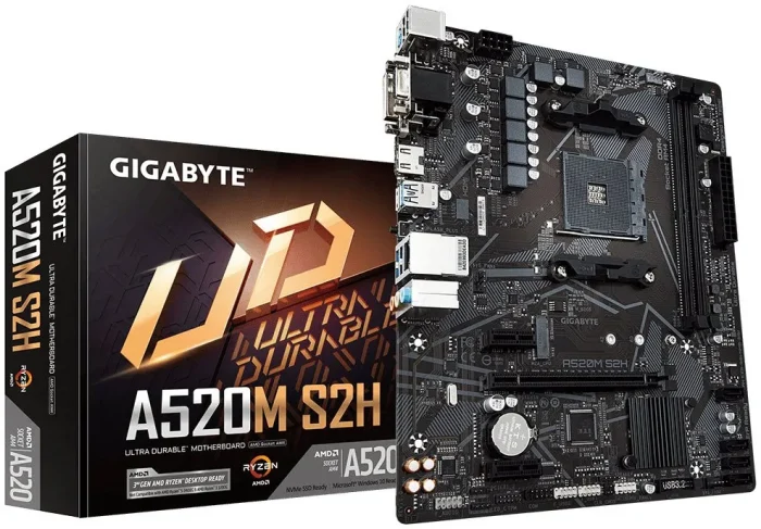 GIGABYTE Motherboard AMD A520M-S2H for 3rd/4th/5th Generation AMD Ryzen™ processors; 2x Dual DDR4; 1x M2; HDMI; DVI; VGA. - GIGABYTE A520M S2H Motherboard - Supports AMD Ryzen 5000 Series AM4 CPUs, 4+3 Phases Pure Digital VRM, up to 5100MHz DDR4 (OC), PCIe 3.0 x4 M.2, GbE LAN, USB 3.2 Gen 1, AMD, Socket AM4, 3rd Generation AMD Ryzen™ 3, Socket AM4, 64 GB, DDR4-SDRAM