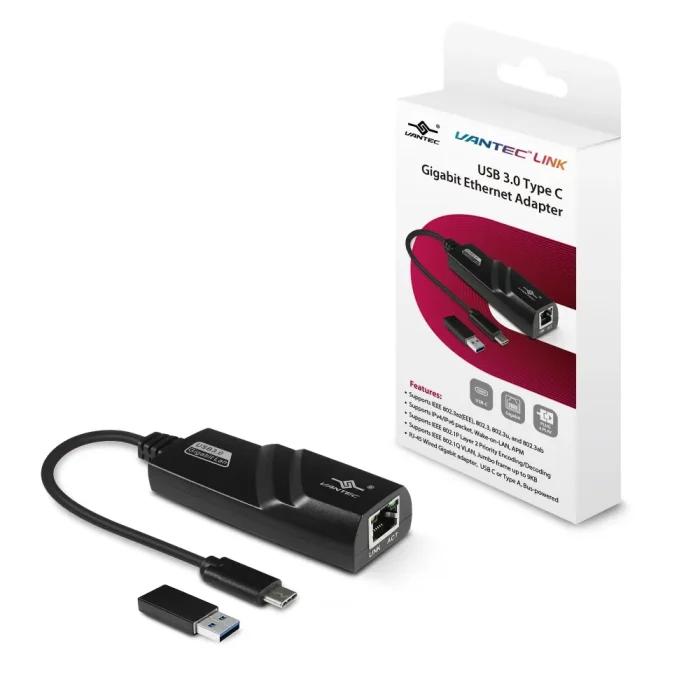 VANTEC CB-CU310GNA Gigabit RJ-45 TO USB TYPE-C ADAPTOR WITH TYPE C to A converter - VANTEC CB-CU310GNA RJ-45 TO USB TYPE-C ADAPTOR WITH TYPE C t