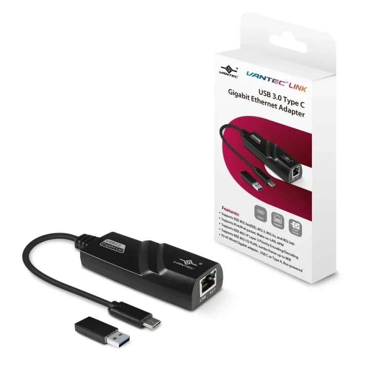 VANTEC CB-CU310GNA Gigabit RJ-45 TO USB TYPE-C ADAPTOR WITH TYPE C to A converter - VANTEC CB-CU310GNA RJ-45 TO USB TYPE-C ADAPTOR WITH TYPE C t