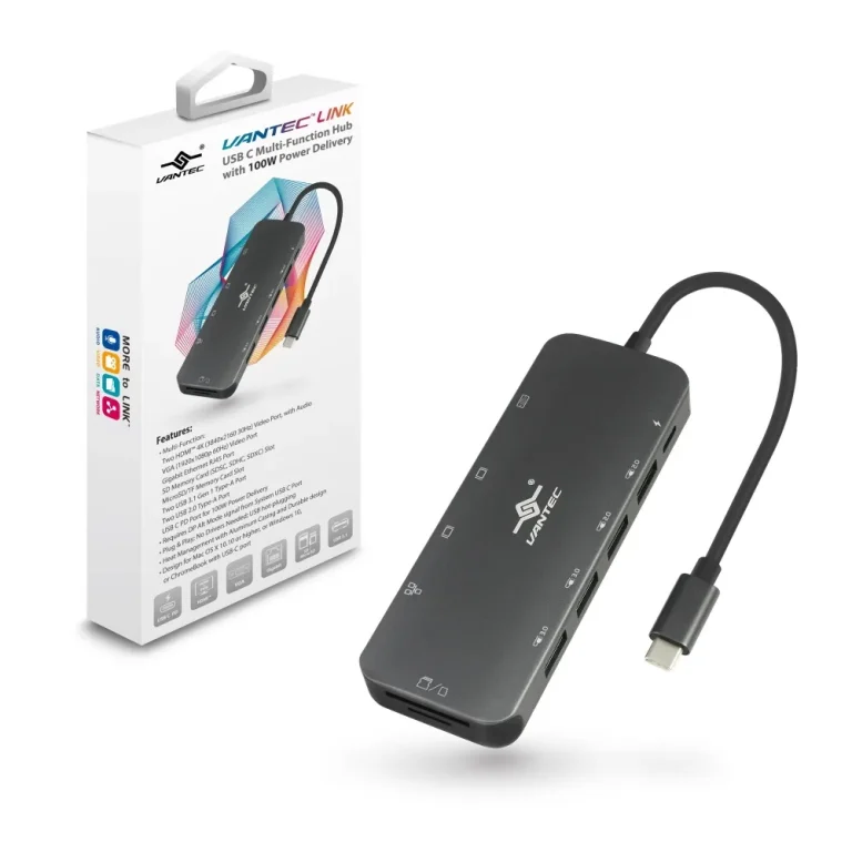 Vantec USB C Hub 2xUSB3.3xUSB2.0 2x4K HDMI(60Hz);VGA;Gigabit RJ45;SD&MicroSD reader; Requires DP Alt Mode signal from USB C por - Vantec USB C Hub 2x USB3. 3 x USB2.0 2x 4K HDMI (60Hz); VGA ; Gigabit RJ45; SD & MicroSD reader with PD