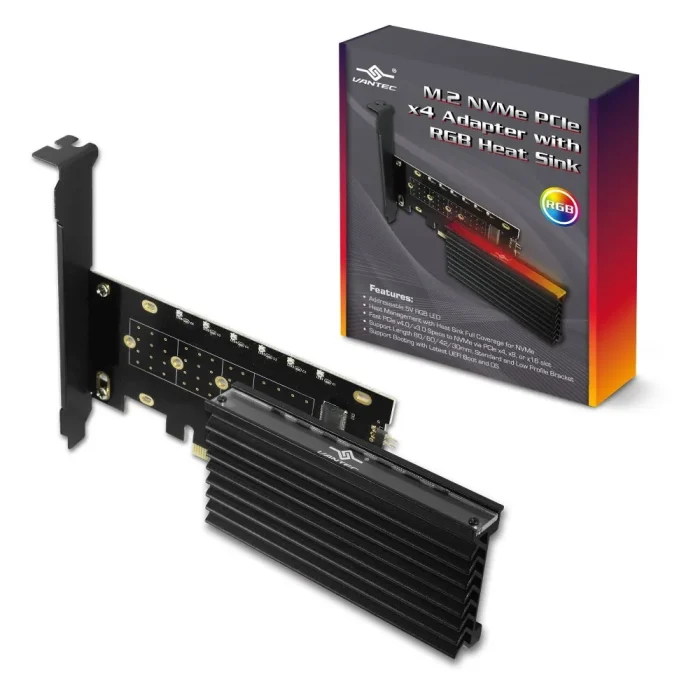 Vantec M.2 NVMe SSD PCIe X4 Adapter with Addressable RGB LED - Vantec UGT-M2PC12-RGB, PCIe, M.2, Black, 0.5 m, Windows 10, Windows 7, Windows 8, Windows 8.1, 120 mm