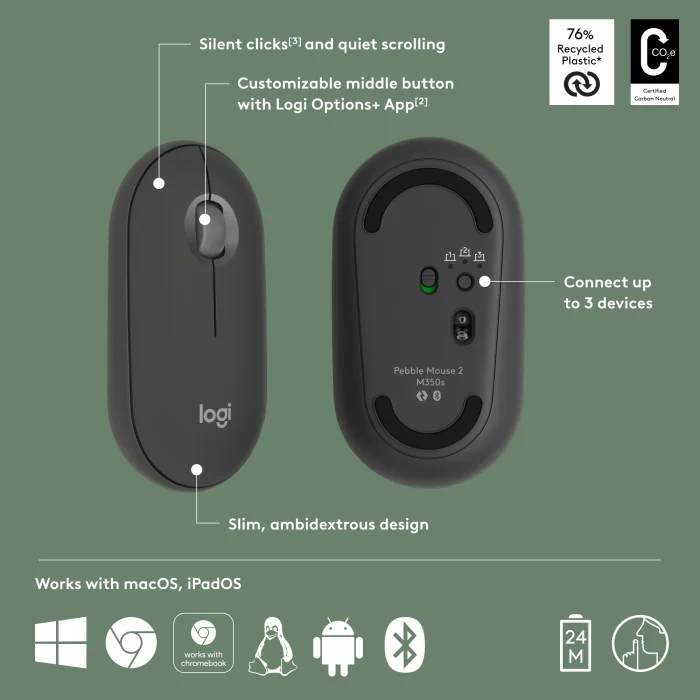 LOGI Pebble Mouse 2 M350s - TONAL GRAPHITE - BT - Logitech 910-007015, Ambidextrous, Optical, RF Wireless + Bluetooth, 4000 DPI, Graphite