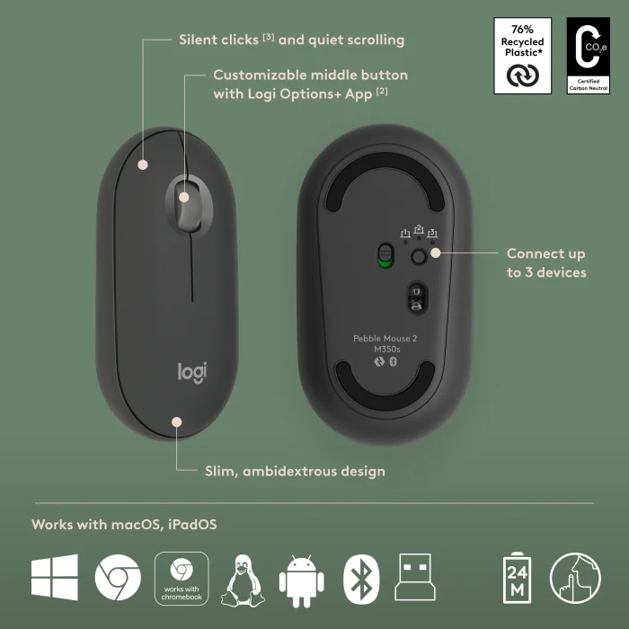 Pebble 2 Combo - TONAL GRAPHITE - US INT'L - 2.4GHZ/BT - N/A - Logitech 920-012239, Wireless, RF Wireless + Bluetooth, Scissor key switch, QWERTY, Graphite, Mouse included