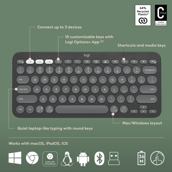 Pebble 2 Combo - TONAL GRAPHITE - US INT'L - 2.4GHZ/BT - N/A - Logitech 920-012239, Wireless, RF Wireless + Bluetooth, Scissor key switch, QWERTY, Graphite, Mouse included