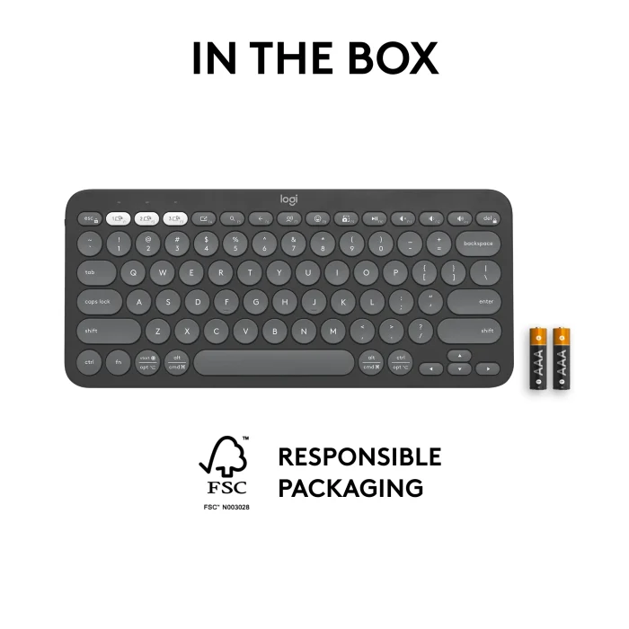 LOGI Pebble Keys 2 K380s - TONAL GRAPHITE - US INT'L - BT - Logitech Pebble Keys 2 K380s, Mini, Wireless, RF Wireless + Bluetooth, Scissor key switch, QWERTY, Graphite