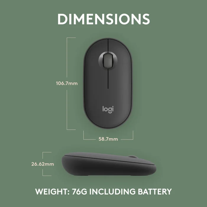 LOGI Pebble Mouse 2 M350s - TONAL GRAPHITE - BT - Logitech 910-007015, Ambidextrous, Optical, RF Wireless + Bluetooth, 4000 DPI, Graphite