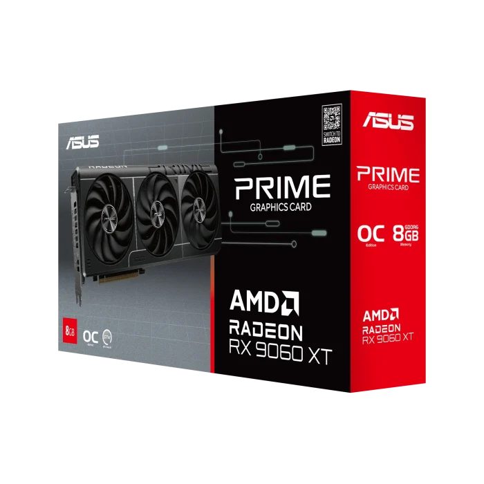 ASUS Graphics Card/AMD/PCIe5/8GB GDDR6/OC mode:up to 3330 MHz (Boost Clock)/Default mode:up to 3310 MHz(Boost)1xHDMI/2xDP/550W - ASUS Prime -RX9060XT-O8G, Radeon RX 9060 XT, 8 GB, GDDR6, 128 bit, 7680 x 4320 pixels, PCI Express 5.0