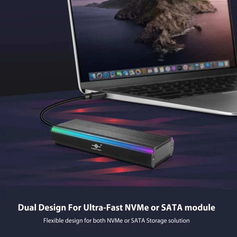 Vantec M.2 NVME & M.2 SATA SSD to USB 3.1 Gen 2 Type C with RGB LED - Vantec NST-211C3-RGB, SSD enclosure, M.2, M.2, USB connectivity, Black