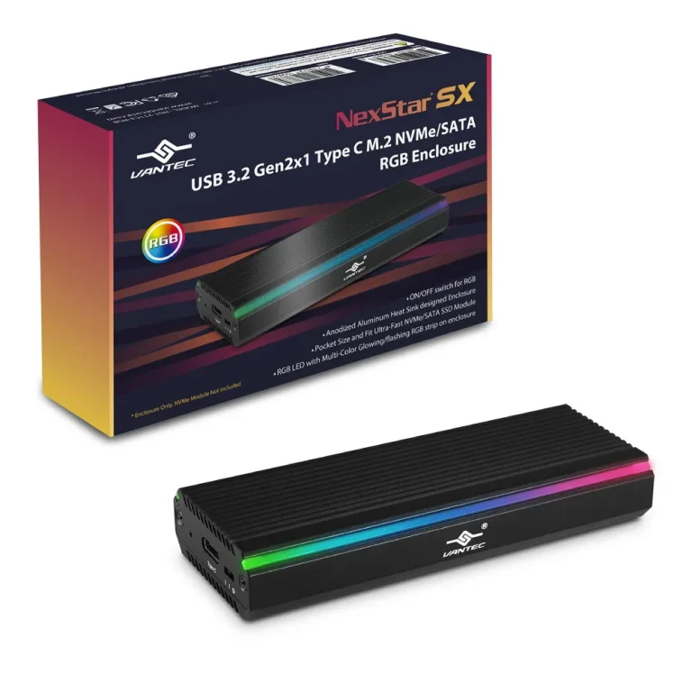 Vantec M.2 NVME & M.2 SATA SSD to USB 3.1 Gen 2 Type C with RGB LED - Vantec NST-211C3-RGB, SSD enclosure, M.2, M.2, USB connectivity, Black