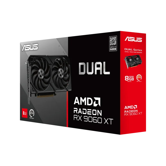 ASUS Graphics Card/AMD/PCIe5/8GB GDDR6/OC mode:up to TBA MHz (Boost Clock)/Default mode:up to TBA MHz(Boost)1xHDMI/2xDP/550W - ASUS DUAL-RX9060XT-8G, Radeon RX 9060 XT, 8 GB, GDDR6, 128 bit, 7680 x 4320 pixels, PCI Express 5.0
