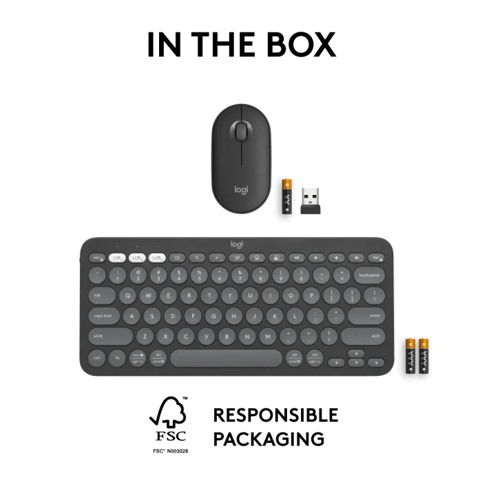 Pebble 2 Combo - TONAL GRAPHITE - US INT'L - 2.4GHZ/BT - N/A - Logitech 920-012239, Wireless, RF Wireless + Bluetooth, Scissor key switch, QWERTY, Graphite, Mouse included