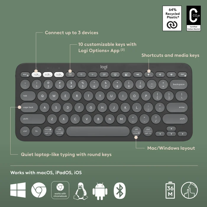 LOGI Pebble Keys 2 K380s - TONAL GRAPHITE - US INT'L - BT - Logitech Pebble Keys 2 K380s, Mini, Wireless, RF Wireless + Bluetooth, Scissor key switch, QWERTY, Graphite