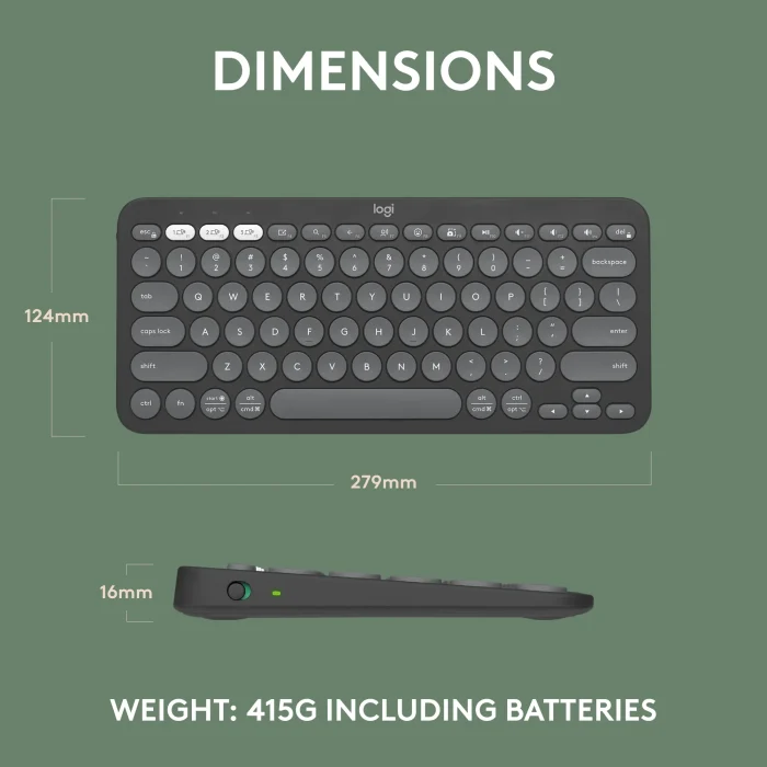 LOGI Pebble Keys 2 K380s - TONAL GRAPHITE - US INT'L - BT - Logitech Pebble Keys 2 K380s, Mini, Wireless, RF Wireless + Bluetooth, Scissor key switch, QWERTY, Graphite